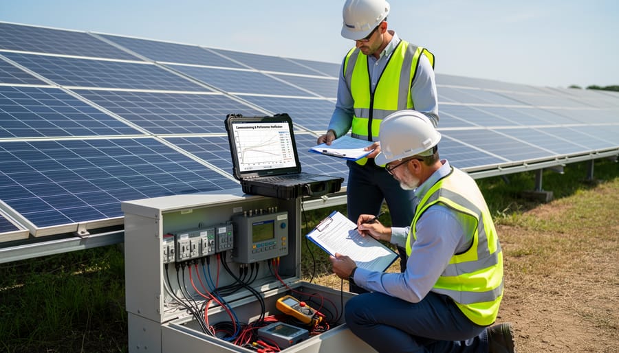 Technician performing commissioning tests on completed solar panel installation