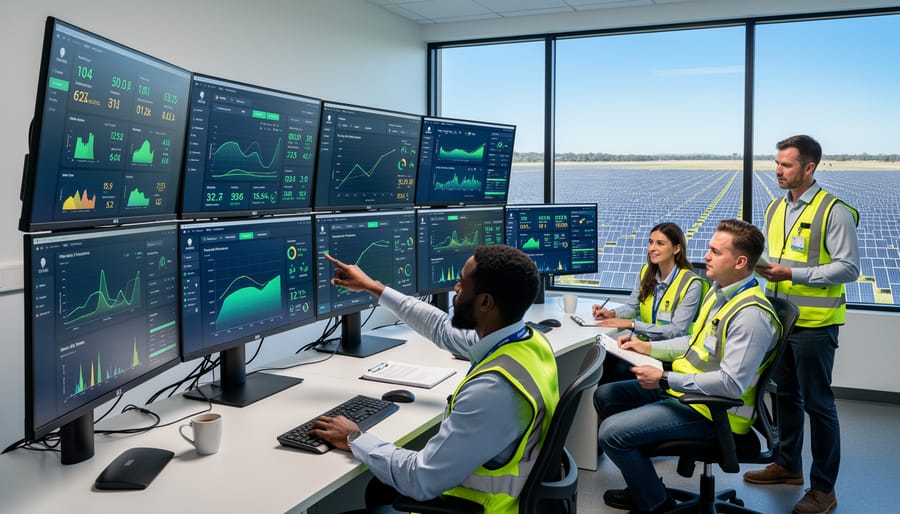 Solar facility operator monitoring system performance on control room computers