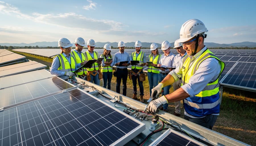 Students and professionals learning solar panel dismantling techniques in training facility