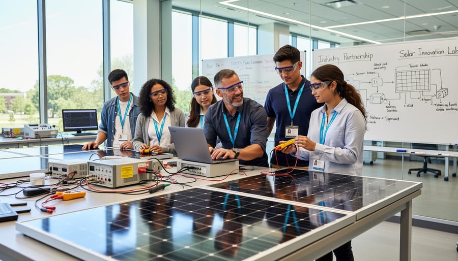 Students and industry mentor collaborating on solar panel prototype in workshop