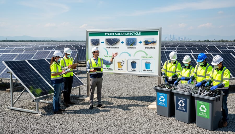 Engineering students learning about solar panel technology and lifecycle management