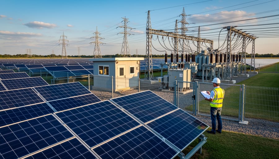 Solar panel array connected to electrical grid transmission lines and utility infrastructure