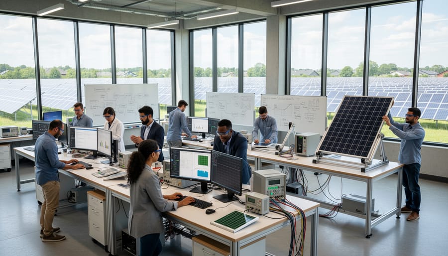 Modern solar testing laboratory with specialized equipment and photovoltaic modules