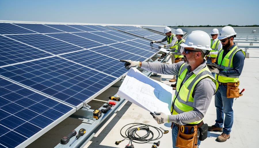 Workers installing solar panel mounting structures during construction phase