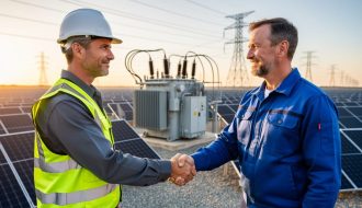 Solar engineer in high-visibility vest shaking hands with a utility worker near a small substation, with rows of photovoltaic panels and transmission towers in the background at golden hour.