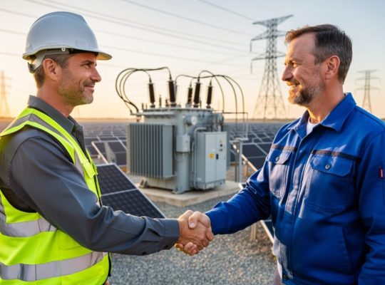 Solar engineer in high-visibility vest shaking hands with a utility worker near a small substation, with rows of photovoltaic panels and transmission towers in the background at golden hour.