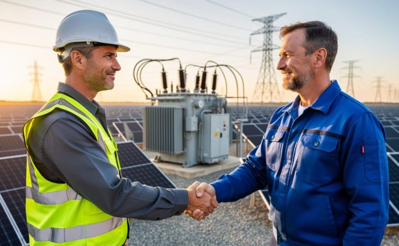 Solar engineer in high-visibility vest shaking hands with a utility worker near a small substation, with rows of photovoltaic panels and transmission towers in the background at golden hour.