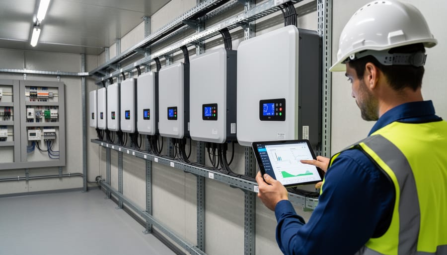 Close-up of solar inverter equipment showing technical components and grid connection infrastructure