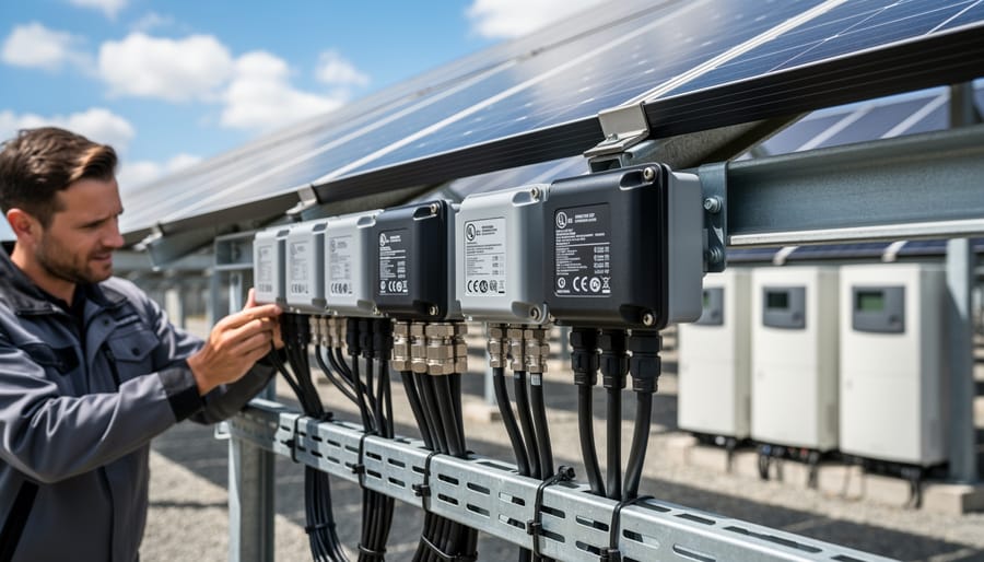 Close-up of solar panel junction box and electrical connectors on photovoltaic module