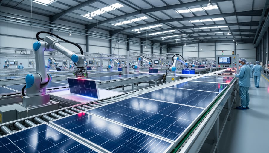 Solar panel manufacturing facility with photovoltaic modules on assembly line