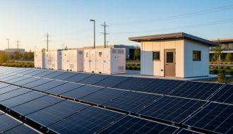 Rows of solar panels leading toward white battery storage containers and a small control building, with utility lines and a campus visible in the softly blurred background under warm evening light.