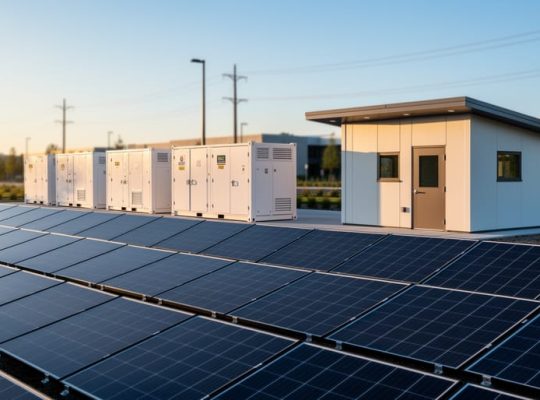 Rows of solar panels leading toward white battery storage containers and a small control building, with utility lines and a campus visible in the softly blurred background under warm evening light.
