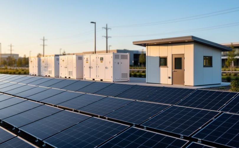 Rows of solar panels leading toward white battery storage containers and a small control building, with utility lines and a campus visible in the softly blurred background under warm evening light.