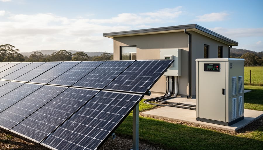 Solar microgrid facility with photovoltaic panels and battery storage containers