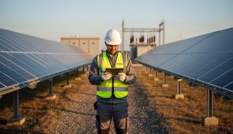 Solar power plant operator in safety gear uses a tablet while inspecting expansive photovoltaic arrays at golden hour, with inverter cabinets and a distant substation in the background.