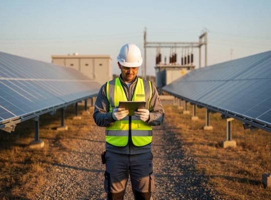 Solar power plant operator in safety gear uses a tablet while inspecting expansive photovoltaic arrays at golden hour, with inverter cabinets and a distant substation in the background.
