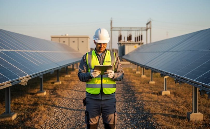 Solar power plant operator in safety gear uses a tablet while inspecting expansive photovoltaic arrays at golden hour, with inverter cabinets and a distant substation in the background.