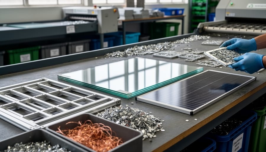 Disassembled solar panel components showing aluminum frame, glass, and silicon cells