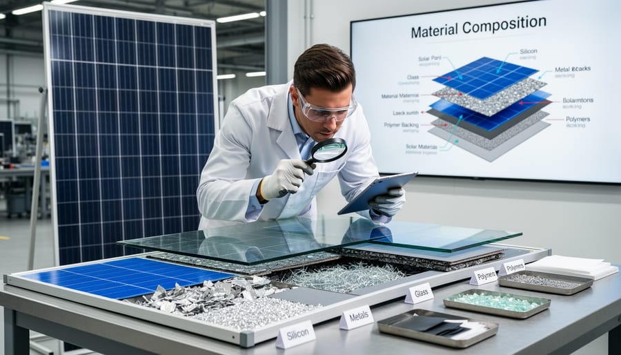 Cross-section view of solar panel showing multiple material layers and components