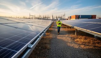 Low-angle wide shot of bifacial solar panels in a utility-scale farm at golden hour, panels in sharp focus, a technician in a high-visibility vest walking between rows, with a distant electrical substation and stacked shipping containers softly blurred in the background