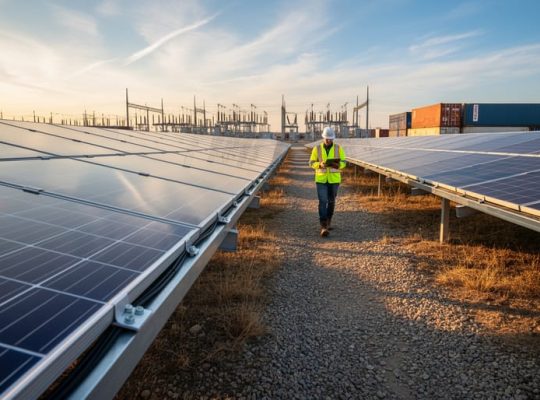 Low-angle wide shot of bifacial solar panels in a utility-scale farm at golden hour, panels in sharp focus, a technician in a high-visibility vest walking between rows, with a distant electrical substation and stacked shipping containers softly blurred in the background