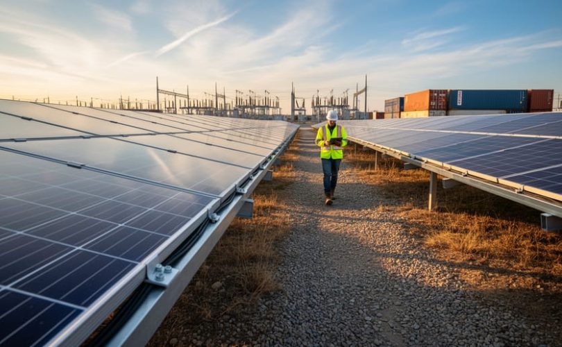 Low-angle wide shot of bifacial solar panels in a utility-scale farm at golden hour, panels in sharp focus, a technician in a high-visibility vest walking between rows, with a distant electrical substation and stacked shipping containers softly blurred in the background
