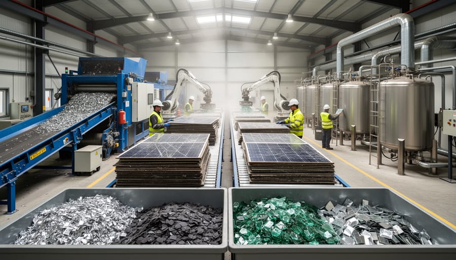 Worker at industrial recycling facility processing decommissioned solar panels