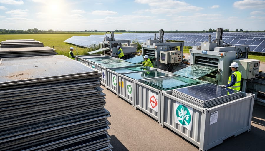 Large industrial yard with rows of decommissioned solar panels awaiting processing