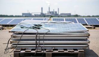 Stack of decommissioned solar panels with cracked surfaces and cables on pallets at a recycling yard, with rows of operating solar panels and a distant industrial facility softly blurred under an overcast sky.