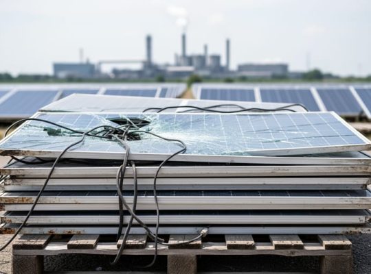 Stack of decommissioned solar panels with cracked surfaces and cables on pallets at a recycling yard, with rows of operating solar panels and a distant industrial facility softly blurred under an overcast sky.