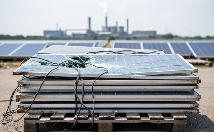 Stack of decommissioned solar panels with cracked surfaces and cables on pallets at a recycling yard, with rows of operating solar panels and a distant industrial facility softly blurred under an overcast sky.