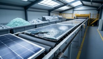 Partially delaminated solar panel on a conveyor in a recycling facility, revealing glass, silicon cells, and aluminum frame, with blurred bins of recovered materials and machinery in the background.