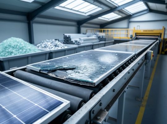 Partially delaminated solar panel on a conveyor in a recycling facility, revealing glass, silicon cells, and aluminum frame, with blurred bins of recovered materials and machinery in the background.