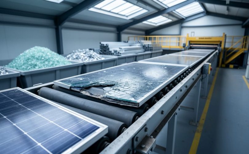 Partially delaminated solar panel on a conveyor in a recycling facility, revealing glass, silicon cells, and aluminum frame, with blurred bins of recovered materials and machinery in the background.