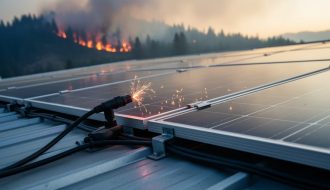 Rooftop photovoltaic panels with wind-blown embers and a faint arc at a connector, photographed from a low angle in smoky golden-hour light, with a softly blurred hillside wildfire in the background.
