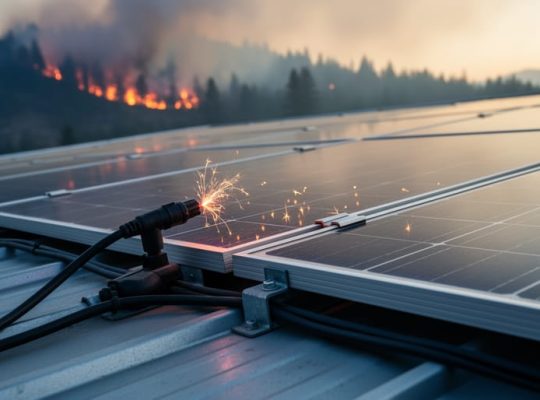 Rooftop photovoltaic panels with wind-blown embers and a faint arc at a connector, photographed from a low angle in smoky golden-hour light, with a softly blurred hillside wildfire in the background.