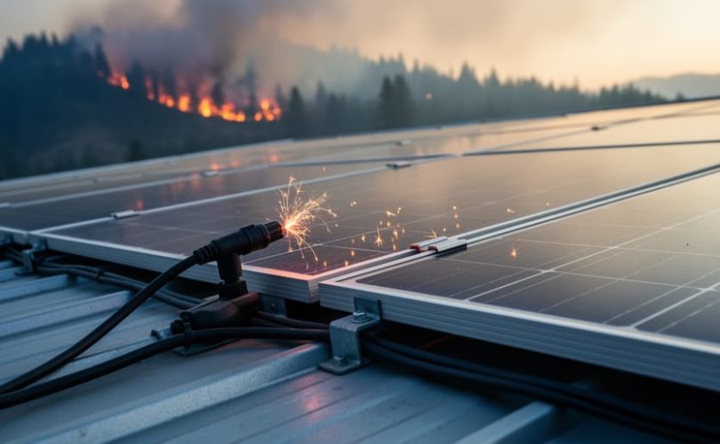 Rooftop photovoltaic panels with wind-blown embers and a faint arc at a connector, photographed from a low angle in smoky golden-hour light, with a softly blurred hillside wildfire in the background.