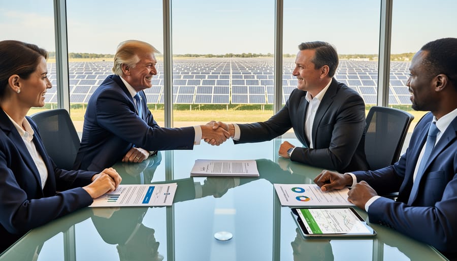 Business handshake with solar panel installation visible through window in background