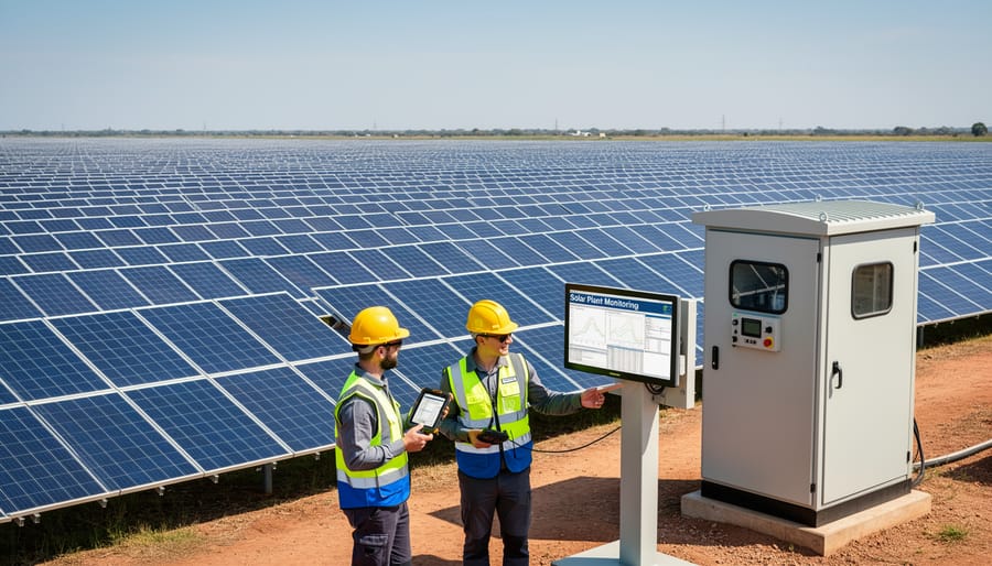 Solar power plant operator in safety gear monitoring large photovoltaic array