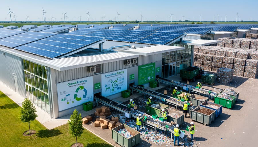 Solar panels installed on industrial recycling facility rooftop