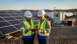 Two engineers in hard hats examine a tablet next to partially installed ground-mounted solar panels at sunset, with cable reels, equipment, and a distant substation in the background.