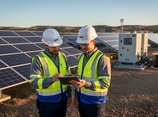 Two engineers in hard hats examine a tablet next to partially installed ground-mounted solar panels at sunset, with cable reels, equipment, and a distant substation in the background.
