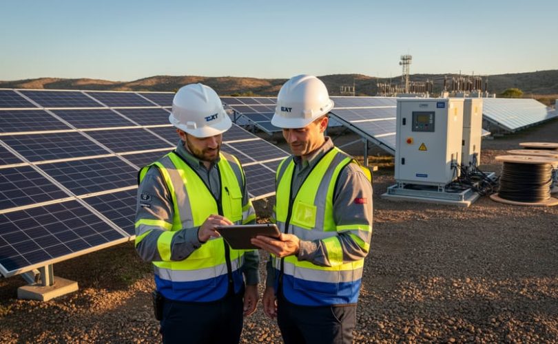 Two engineers in hard hats examine a tablet next to partially installed ground-mounted solar panels at sunset, with cable reels, equipment, and a distant substation in the background.