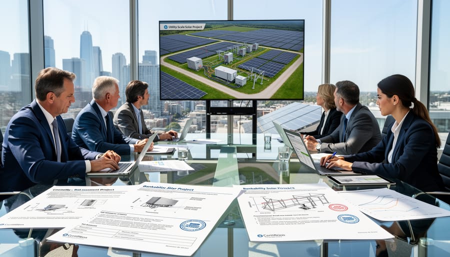 Business professional reviewing solar project documentation at commercial installation site