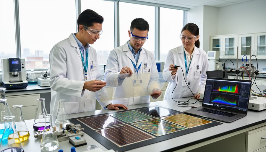 Researcher examining organic solar panel sample in laboratory setting