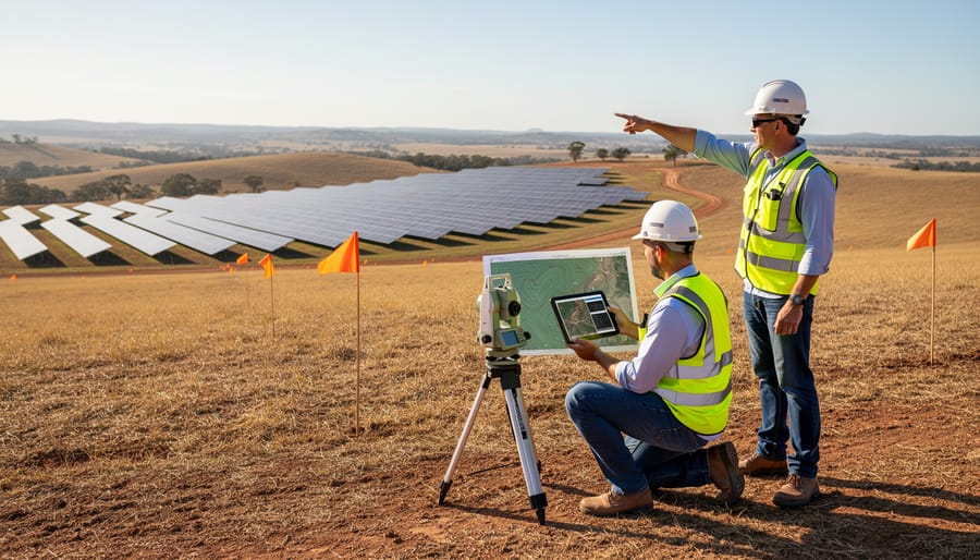 Solar developer surveying potential project site with equipment in open terrain