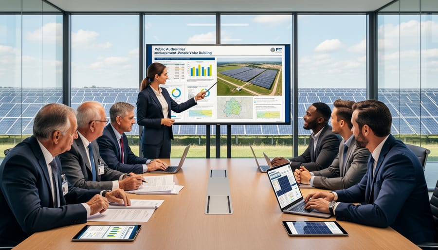 Diverse team of engineers and officials collaborating at solar power plant construction site