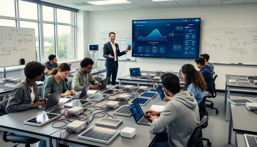 Students learning voice-activated solar system management in university laboratory setting