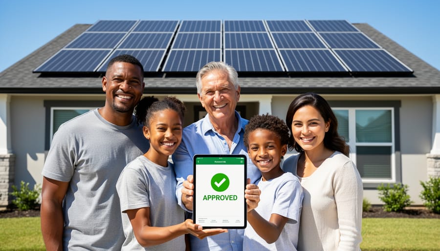 Residential solar panel installation on home rooftop against blue sky