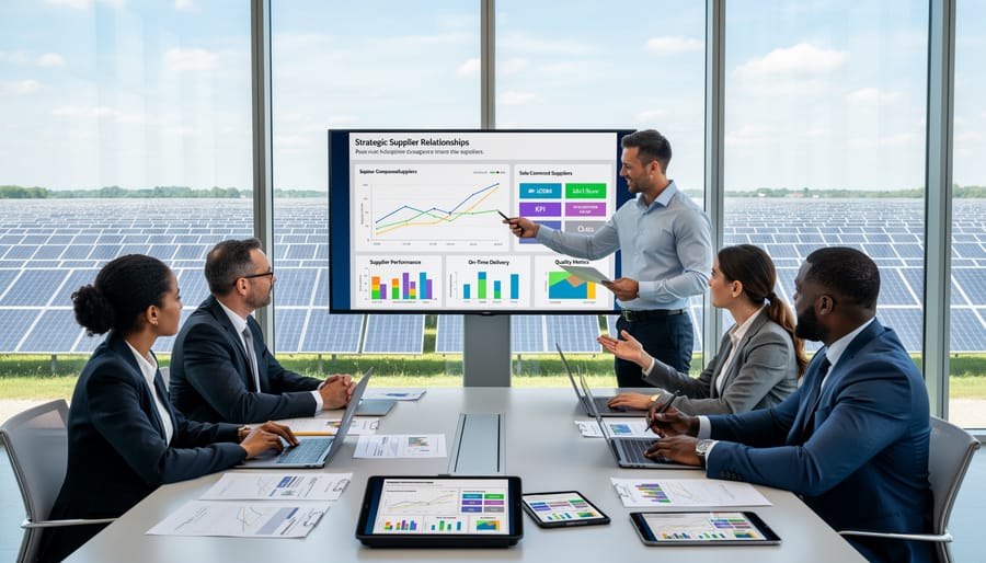 Business professionals establishing supplier partnership agreement with solar components